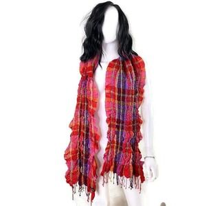 FRAAS Crinkled Fringe Trim Scarf Colorful Plaid Wrap Layering Statement Womens